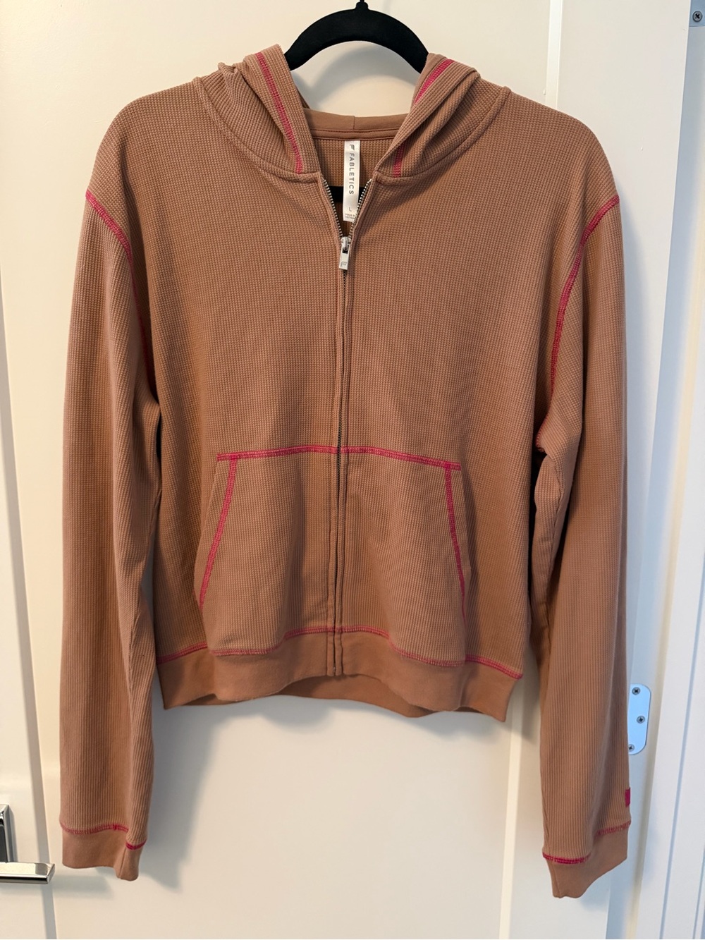 Fabletics Waffle Zip-Up Hoodie Sweater - Tan with Pink Stitching